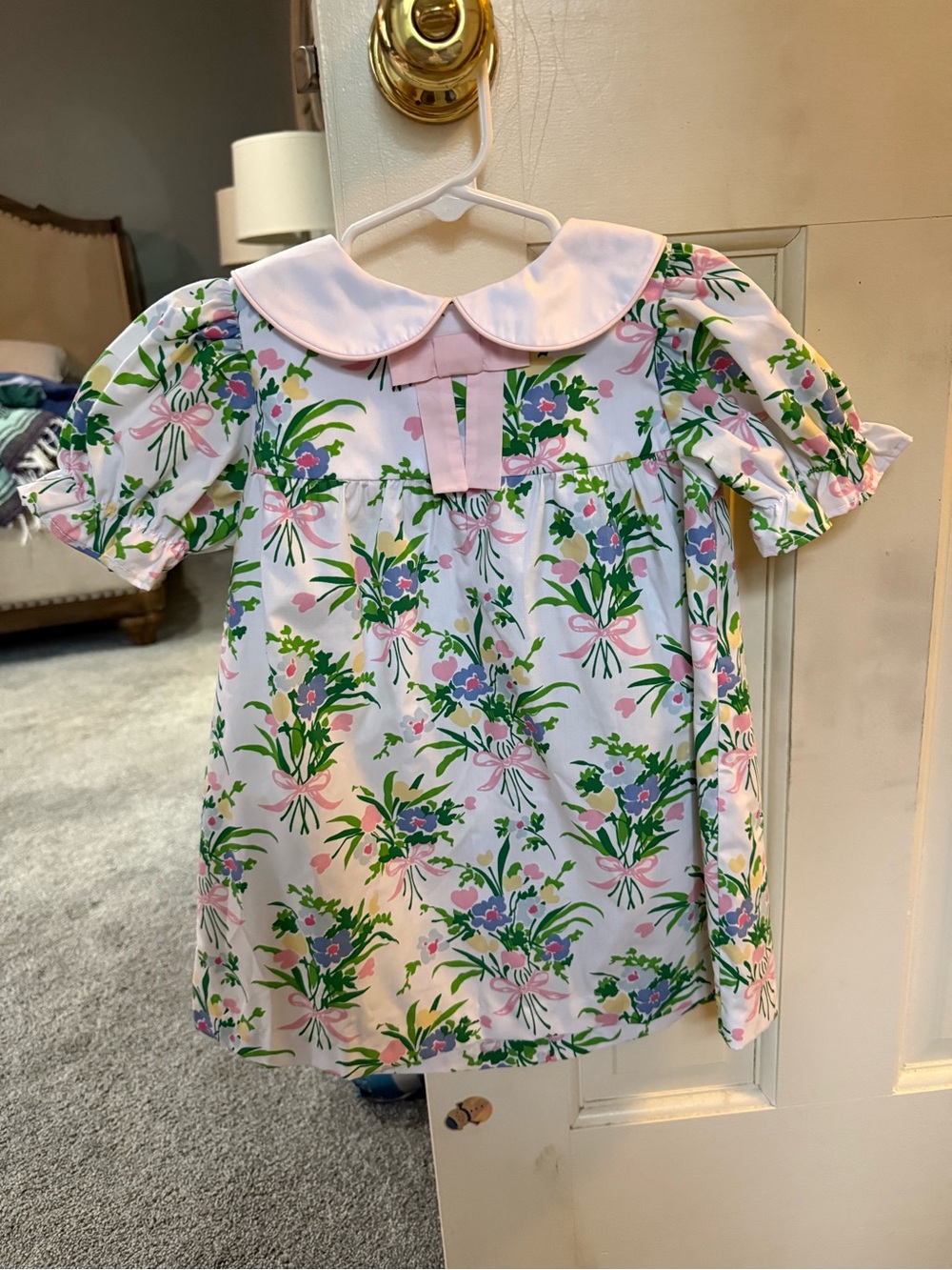 The Beaufort Bonnet Company Girls' Floral Puff-Sleeve Dress in Pink, Green, Blue